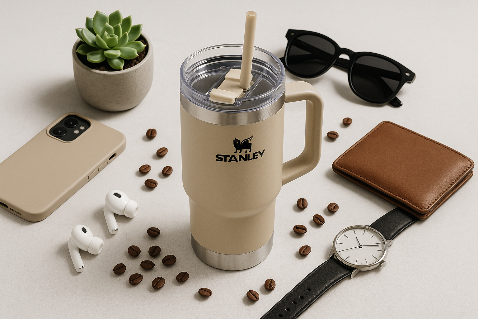 trendy products together for a photo shoot like Stanley, cool stuffs etc